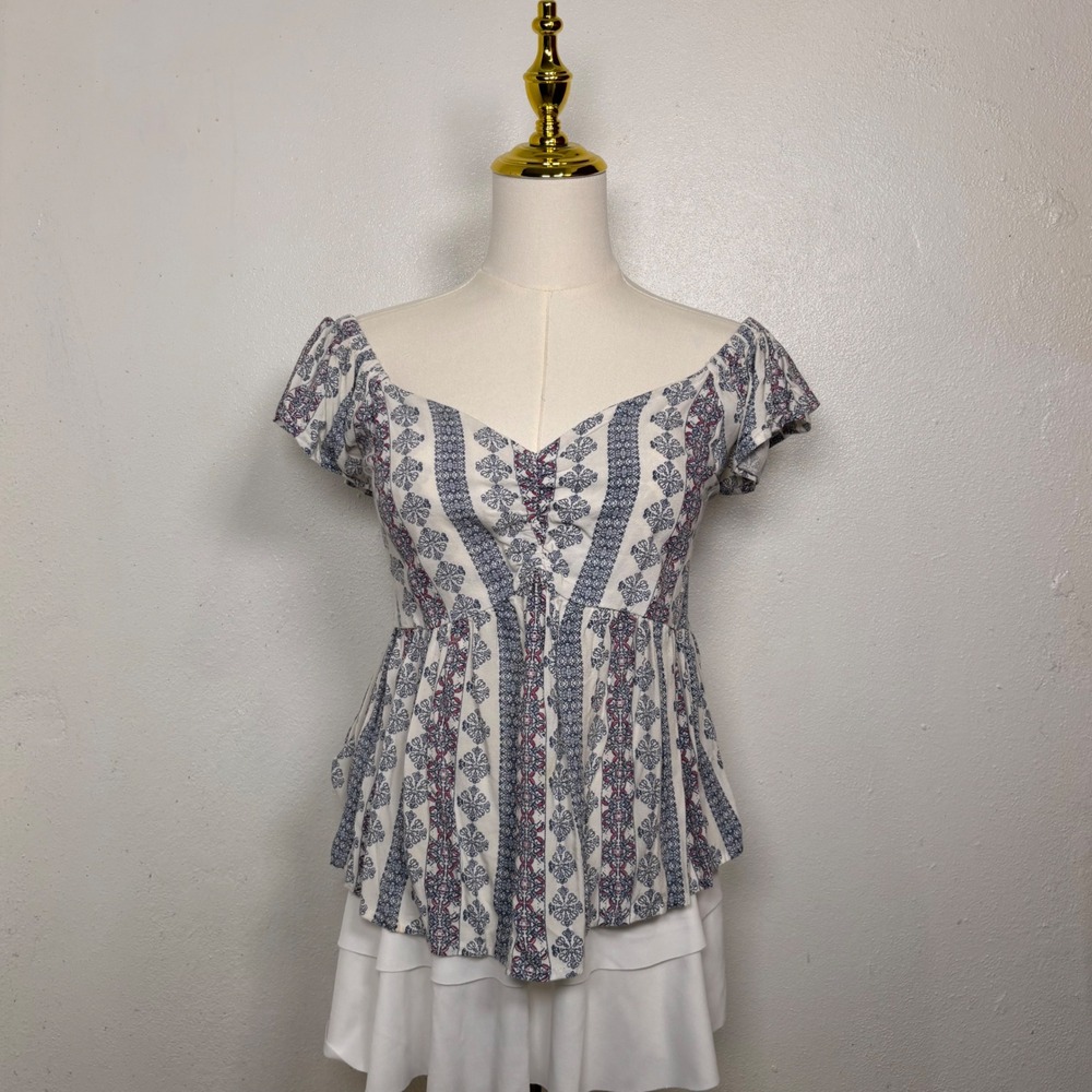 japna white blue red babydoll blouse top geometric boho coquette dainty coquette